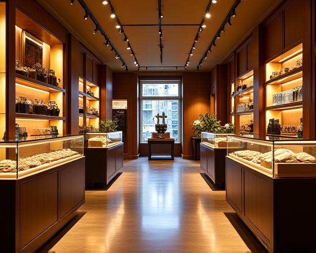 The warm, inviting interior of a high-end retail boutique with accent lighting.